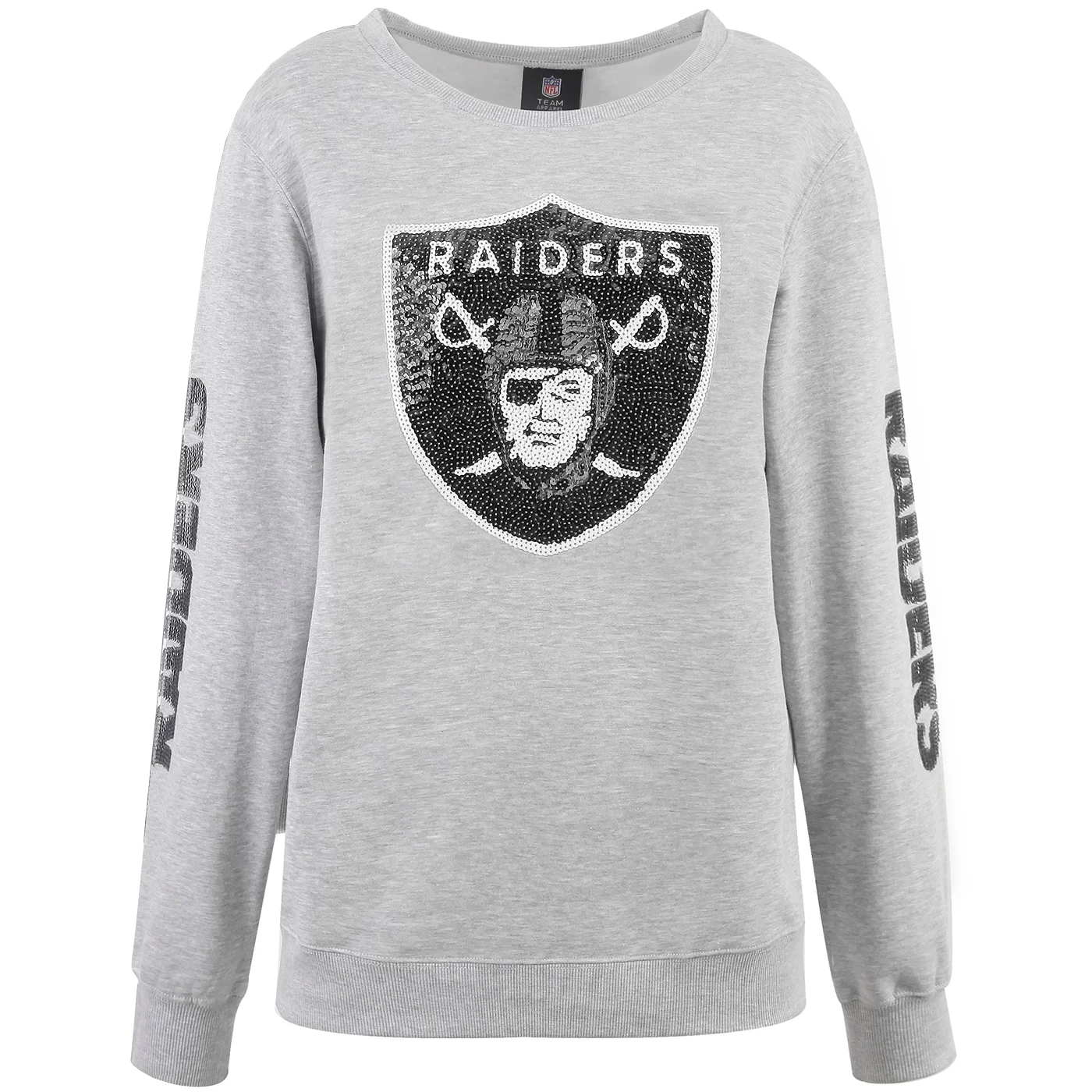 RAIDERS GRAY SEQUIN LOGO CREWNECK FLEECE 3 RAIDERS GRAY SEQUIN LOGO CREWNECK FLEECE
